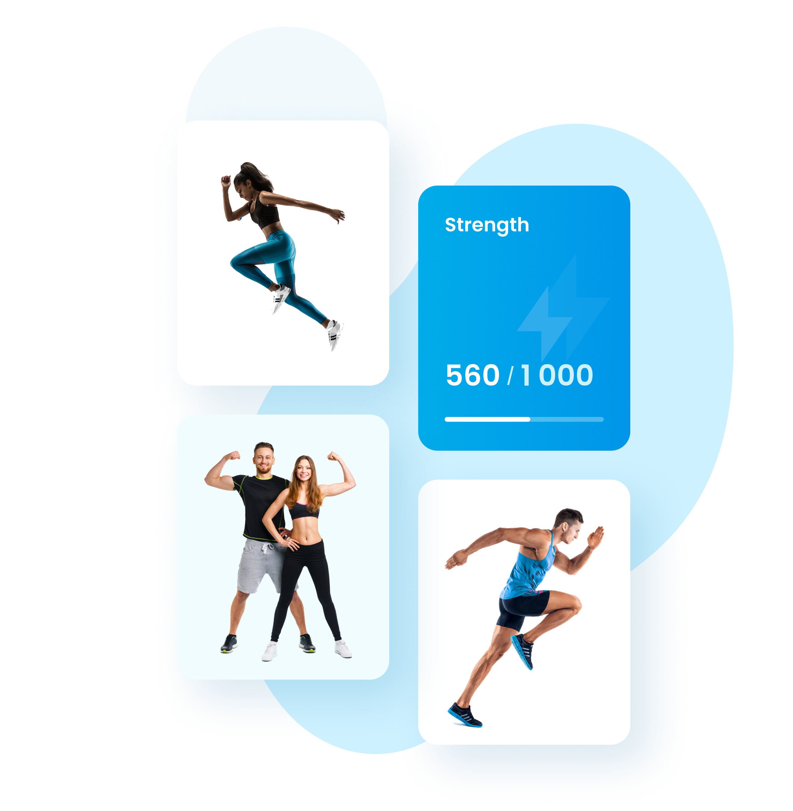 A fit woman in blue athletic wear jumps forward, symbolizing agility and strength. A smiling man and woman flex their muscles, showcasing teamwork and fitness. A male athlete in running gear sprints forward, representing endurance and speed. Corporate Sports Package benefits – Enhanced Physical Health, Improved Mental Well-being, and Stronger Team Bonds, as part of Personal Training & Wellness in Ghana with MyHealthCop.
